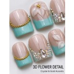 Aqua‑Bloom 3D White Floral Press‑On Nails, Short Square Handmade False Nails with French Tips, Gold Chain & Rhinestones